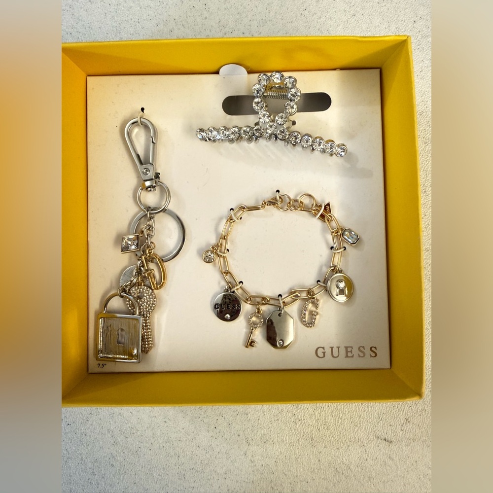 GUESS Gold-Tone Charm Bracelet & Keychain Set with Clear Crystal Hair Clip